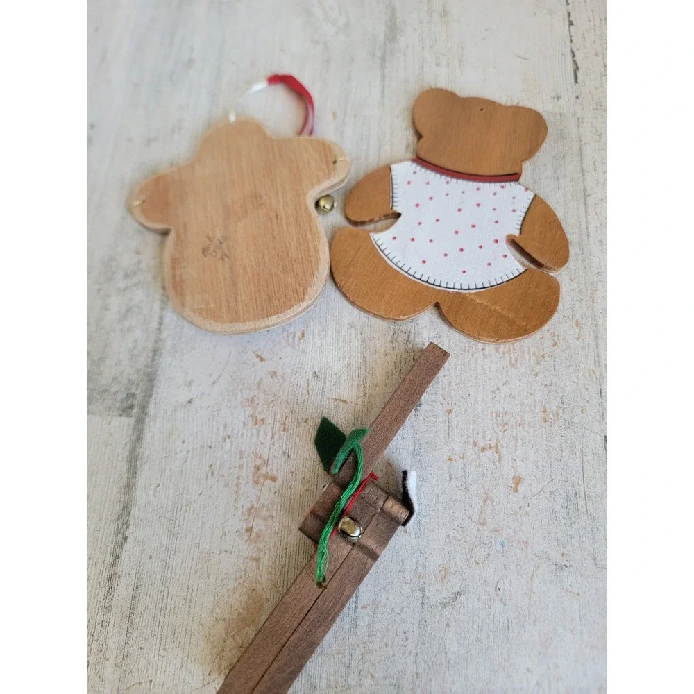 Vintage Santa Claus Bell reindeer wooden ornament Xmas set unique